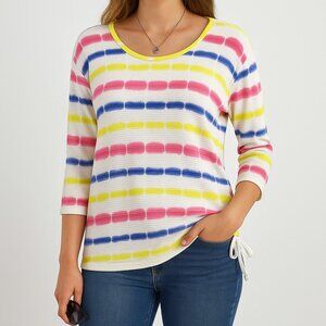 T by Talbots Womens M Multicolor Tie Dye Stripe Cotton 3/4 Sleeve Scoop Neck Top